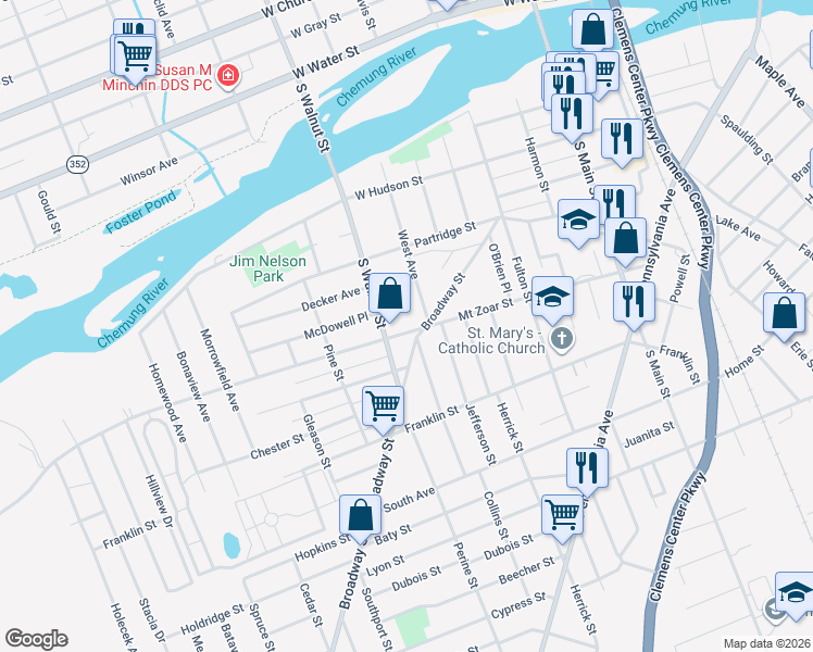 map of restaurants, bars, coffee shops, grocery stores, and more near 478 Mount Zoar Street in Elmira