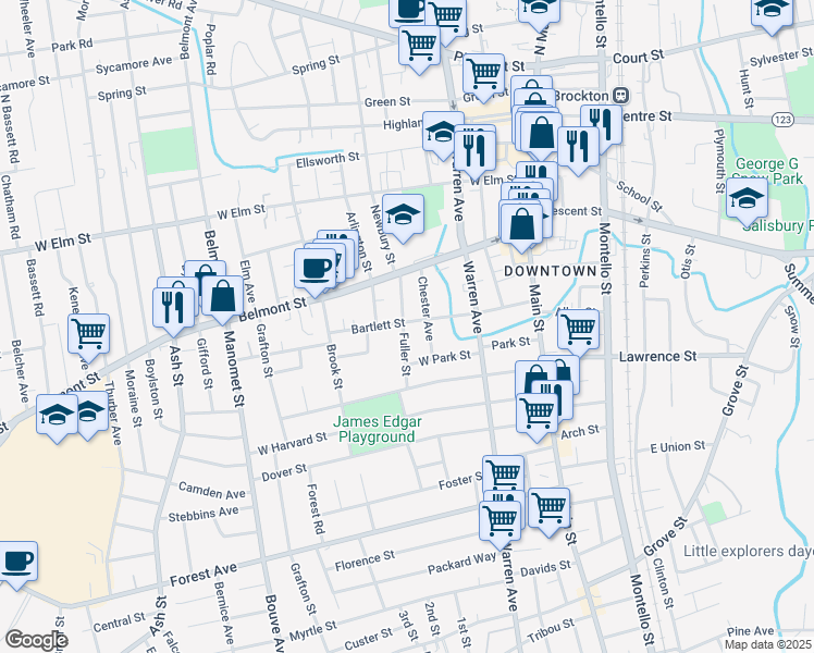 map of restaurants, bars, coffee shops, grocery stores, and more near 46 Fuller Street in Brockton