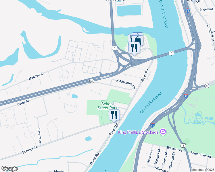 map of restaurants, bars, coffee shops, grocery stores, and more near 486 Corey Street in Agawam