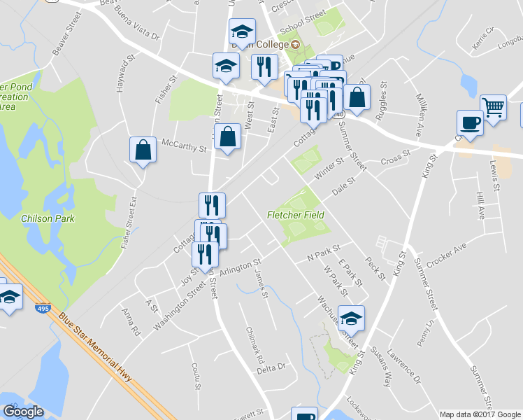 map of restaurants, bars, coffee shops, grocery stores, and more near 34 Wachusett Street in Franklin
