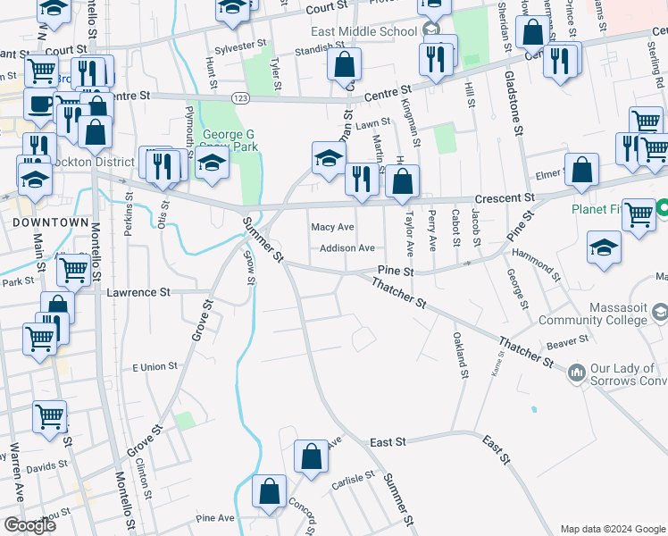 map of restaurants, bars, coffee shops, grocery stores, and more near 56 Pine Street in Brockton