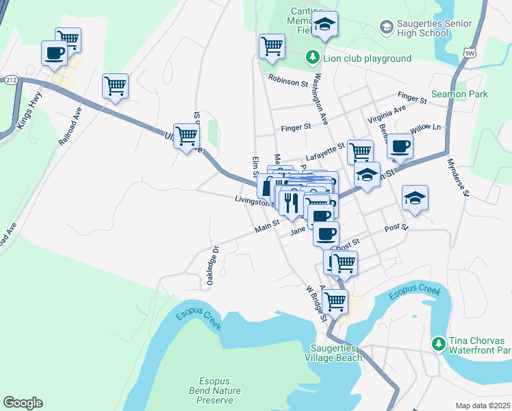 map of restaurants, bars, coffee shops, grocery stores, and more near 30 Livingston Street in Saugerties