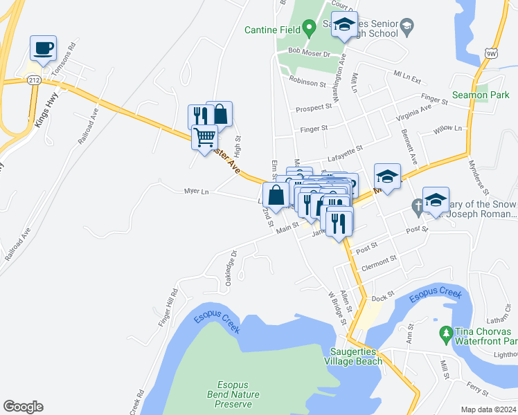 map of restaurants, bars, coffee shops, grocery stores, and more near 68 Livingston Street in Saugerties
