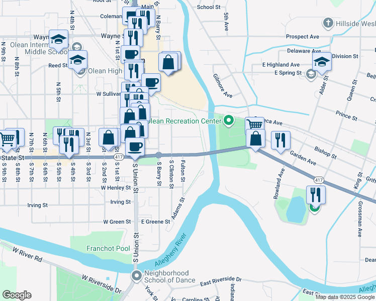 map of restaurants, bars, coffee shops, grocery stores, and more near 311 East State Street in Olean