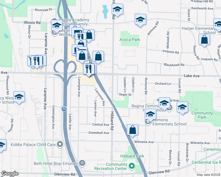 map of restaurants, bars, coffee shops, grocery stores, and more near 805 Westwood Lane in Wilmette