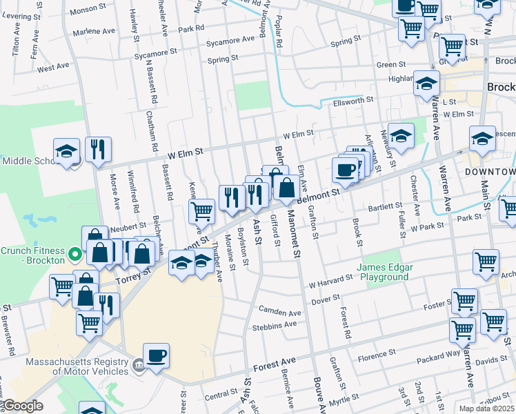 map of restaurants, bars, coffee shops, grocery stores, and more near 345 Belmont Street in Brockton