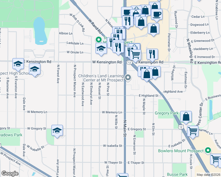 map of restaurants, bars, coffee shops, grocery stores, and more near 611 North Pine Street in Mount Prospect