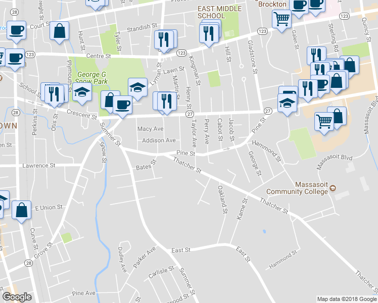 map of restaurants, bars, coffee shops, grocery stores, and more near 122 Pine Street in Brockton