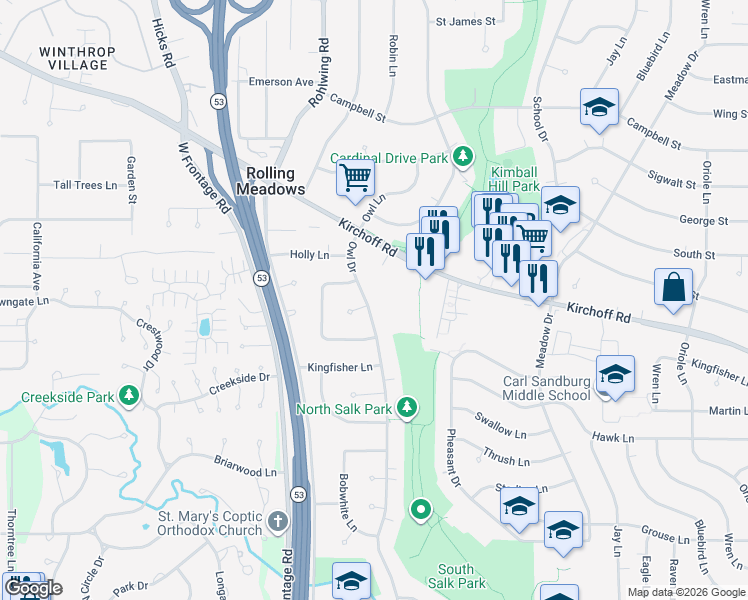 map of restaurants, bars, coffee shops, grocery stores, and more near 3008 Owl Drive in Rolling Meadows