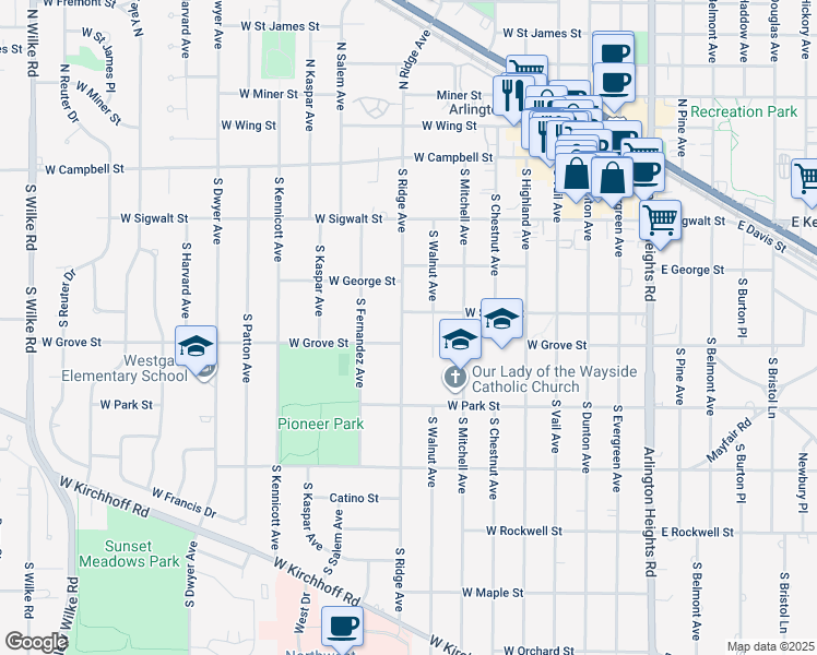 map of restaurants, bars, coffee shops, grocery stores, and more near 305 South Ridge Avenue in Arlington Heights