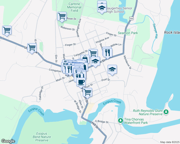 map of restaurants, bars, coffee shops, grocery stores, and more near 96 Washington Avenue in Saugerties