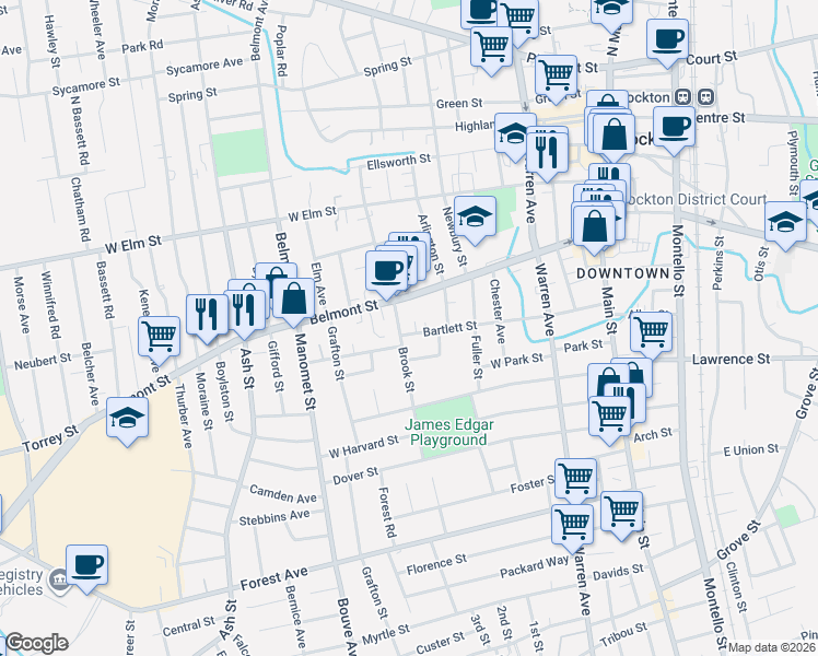 map of restaurants, bars, coffee shops, grocery stores, and more near 20 Brook Street in Brockton