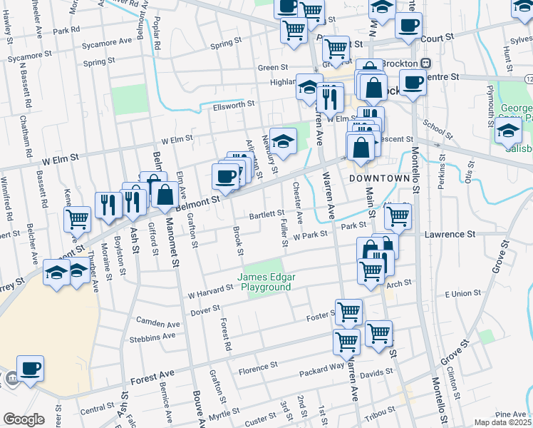 map of restaurants, bars, coffee shops, grocery stores, and more near 139 Bartlett Street in Brockton
