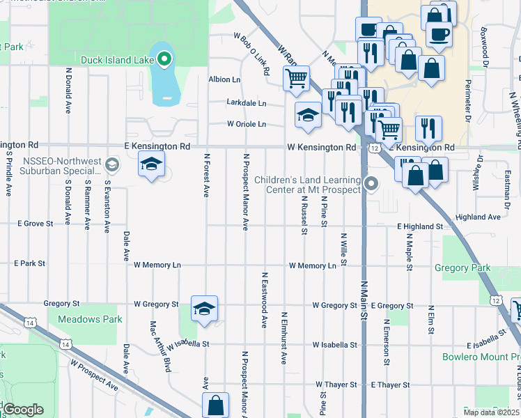 map of restaurants, bars, coffee shops, grocery stores, and more near 608 North Eastwood Avenue in Mount Prospect
