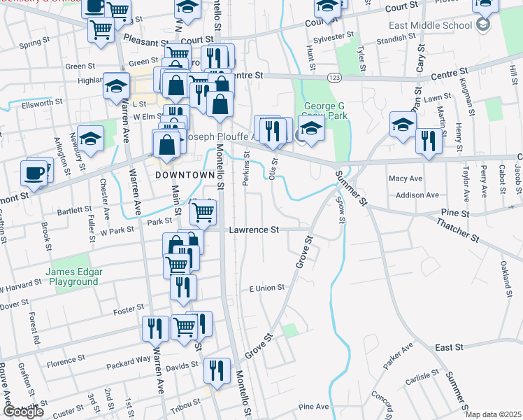 map of restaurants, bars, coffee shops, grocery stores, and more near 20 Skinner Street in Brockton