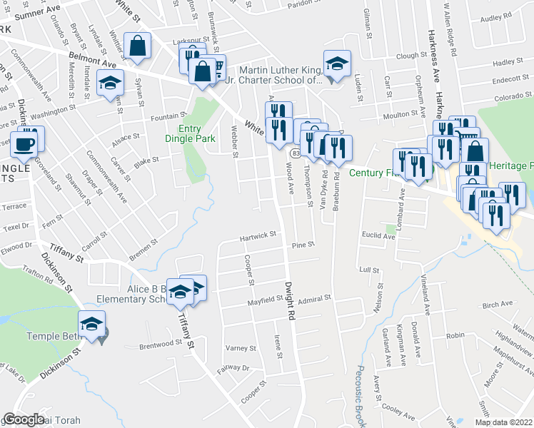 map of restaurants, bars, coffee shops, grocery stores, and more near 145 Manchester Terrace in Springfield