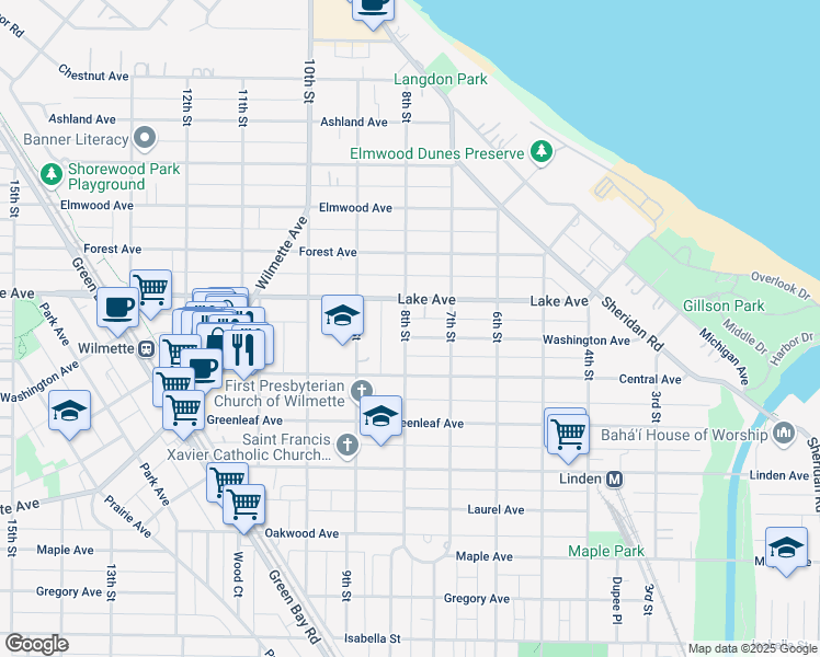 map of restaurants, bars, coffee shops, grocery stores, and more near 730 Washington Avenue in Wilmette
