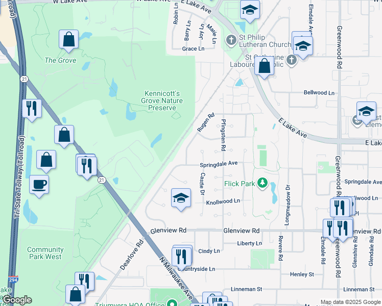 map of restaurants, bars, coffee shops, grocery stores, and more near 3911 Rugen Road in Glenview