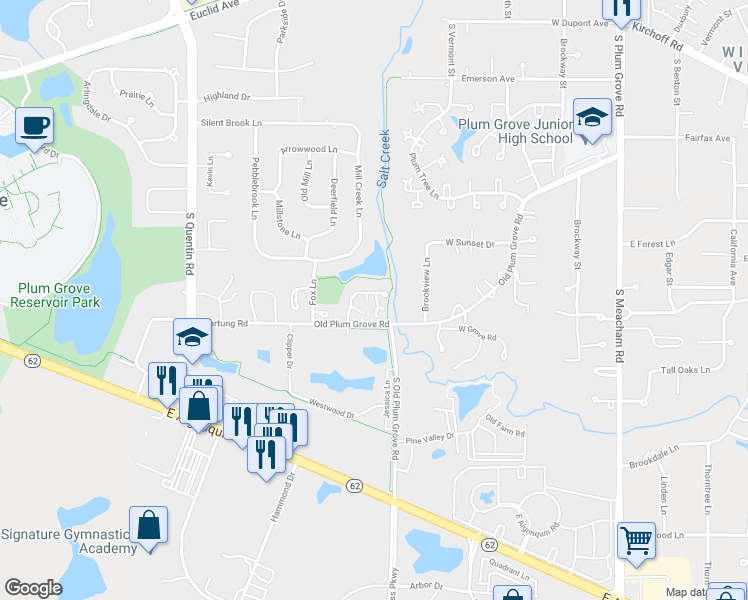 map of restaurants, bars, coffee shops, grocery stores, and more near 217 New Bridge Court in Palatine