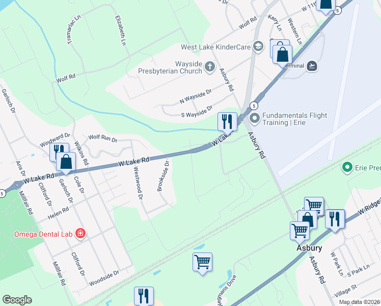 map of restaurants, bars, coffee shops, grocery stores, and more near 4899 W Lake Rd in Erie