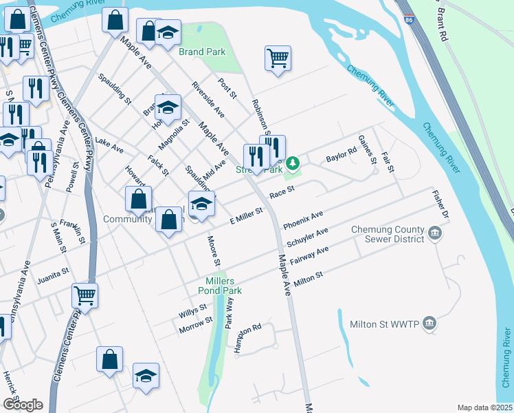 map of restaurants, bars, coffee shops, grocery stores, and more near 319 East Miller Street in Elmira