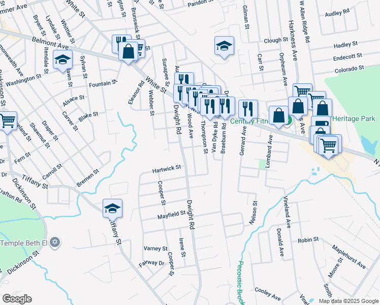 map of restaurants, bars, coffee shops, grocery stores, and more near 83 Wood Ave in East Longmeadow