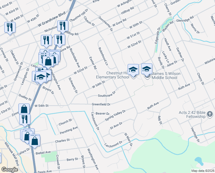 map of restaurants, bars, coffee shops, grocery stores, and more near 5419 Exeter Rd in Erie
