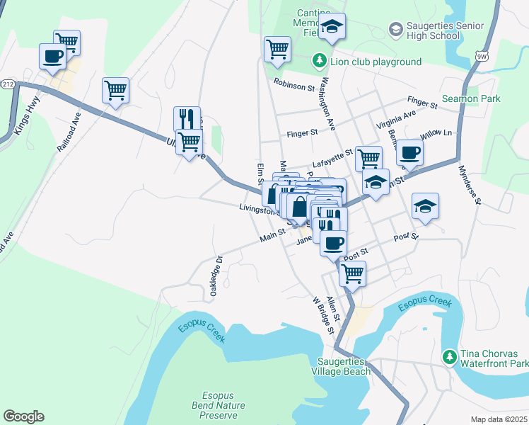 map of restaurants, bars, coffee shops, grocery stores, and more near 30 Livingston Street in Saugerties