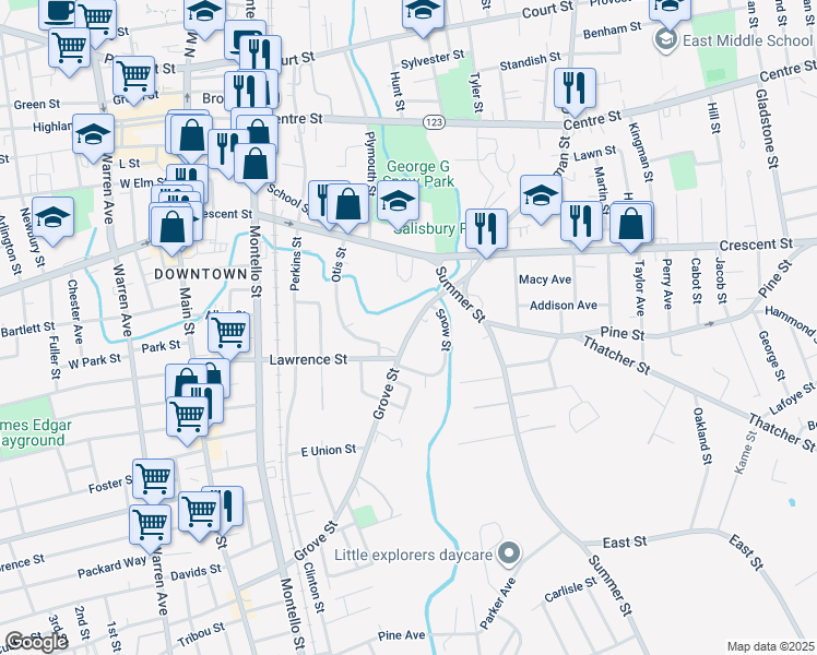 map of restaurants, bars, coffee shops, grocery stores, and more near 278 Grove St in Brockton