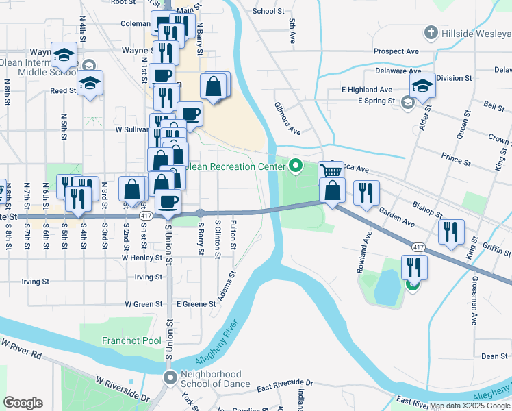 map of restaurants, bars, coffee shops, grocery stores, and more near 423 East State Street in Olean