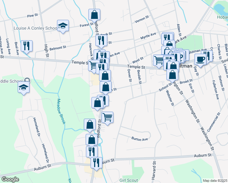 map of restaurants, bars, coffee shops, grocery stores, and more near 100 Glen Street in Whitman