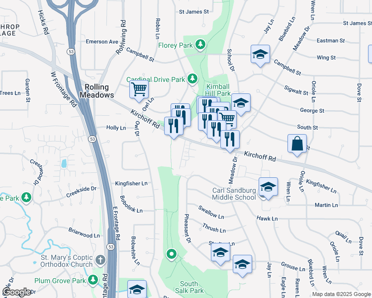 map of restaurants, bars, coffee shops, grocery stores, and more near 205 Lexington Lane in Rolling Meadows