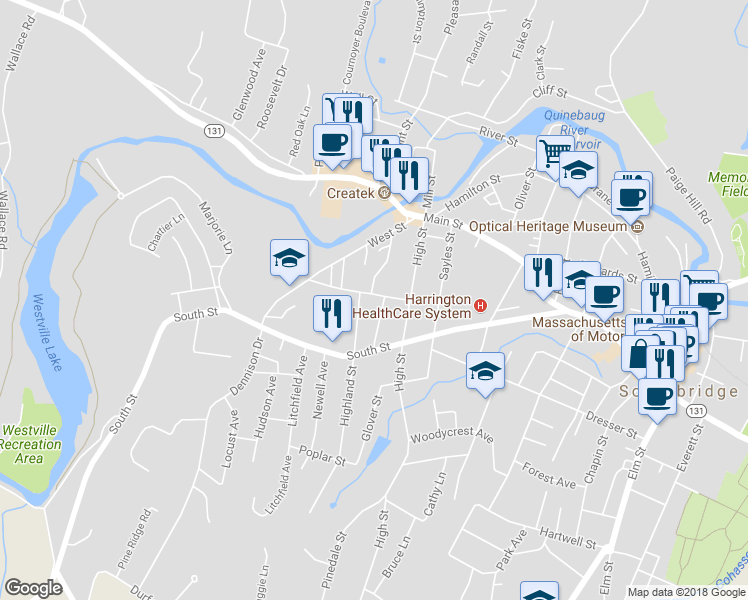 map of restaurants, bars, coffee shops, grocery stores, and more near 37 School Street in Southbridge