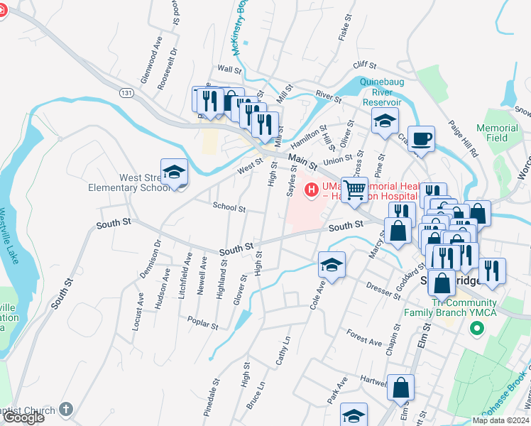 map of restaurants, bars, coffee shops, grocery stores, and more near in Southbridge