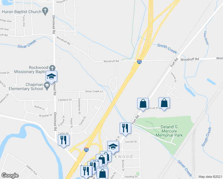 map of restaurants, bars, coffee shops, grocery stores, and more near 21825 Woodruff Road in Rockwood