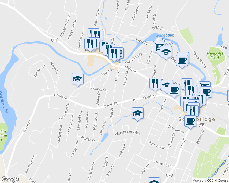 map of restaurants, bars, coffee shops, grocery stores, and more near High St & School St in Southbridge