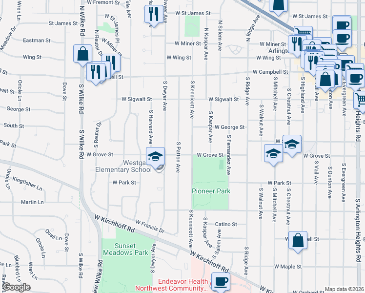 map of restaurants, bars, coffee shops, grocery stores, and more near 307 S Patton Ave in Arlington Heights