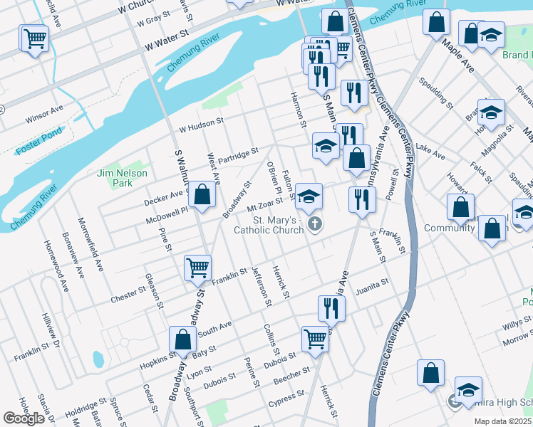 map of restaurants, bars, coffee shops, grocery stores, and more near 404 Pleasant Street in Elmira