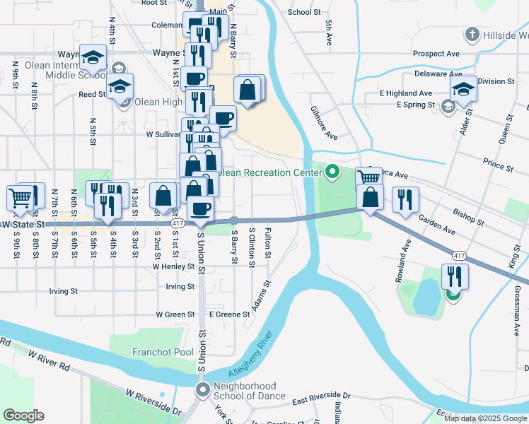 map of restaurants, bars, coffee shops, grocery stores, and more near 311 E State St in Olean