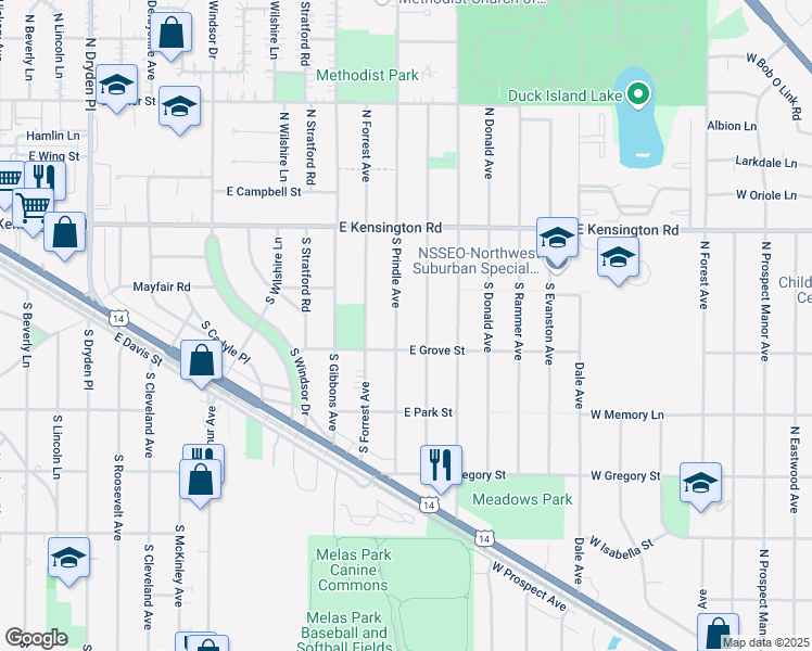 map of restaurants, bars, coffee shops, grocery stores, and more near 331 South Prindle Avenue in Arlington Heights