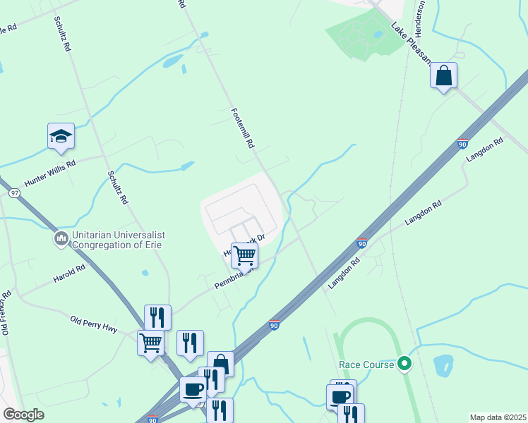 map of restaurants, bars, coffee shops, grocery stores, and more near 7410 Hollydale Drive in Erie