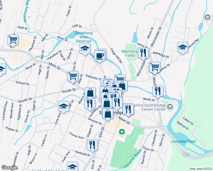 map of restaurants, bars, coffee shops, grocery stores, and more near 105 Hamilton Street in Southbridge
