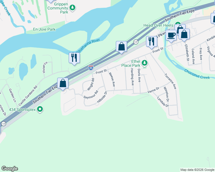 map of restaurants, bars, coffee shops, grocery stores, and more near 301 Edgewood Road in Vestal