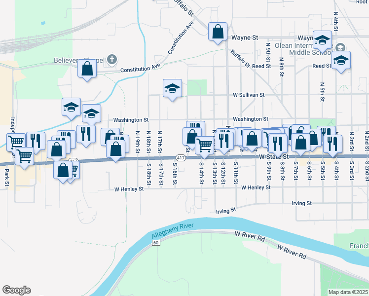map of restaurants, bars, coffee shops, grocery stores, and more near 117 N 15th St in Olean
