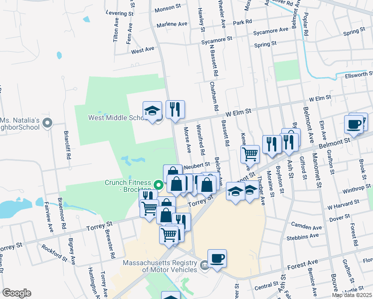 map of restaurants, bars, coffee shops, grocery stores, and more near 47 Morse Avenue in Brockton