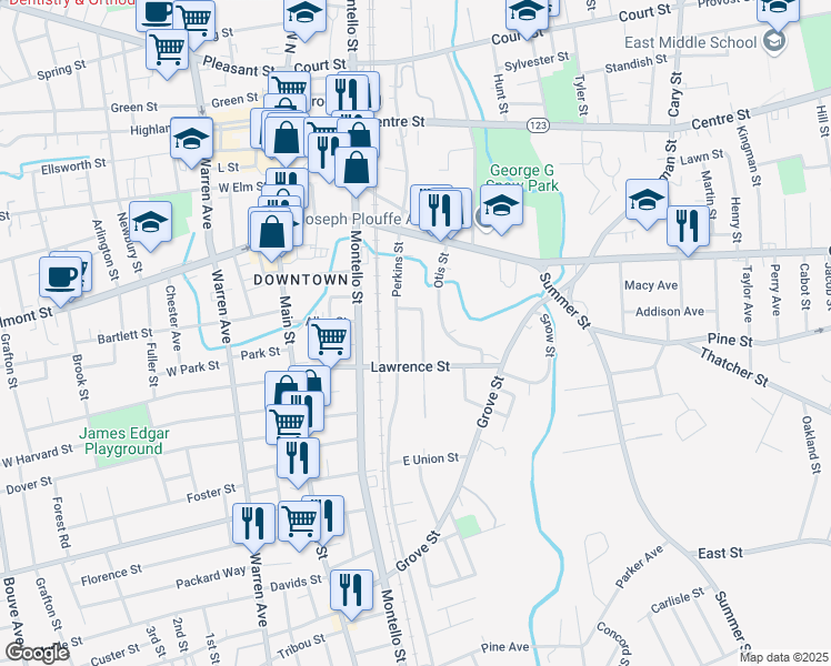 map of restaurants, bars, coffee shops, grocery stores, and more near 20 Skinner Street in Brockton