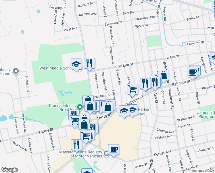 map of restaurants, bars, coffee shops, grocery stores, and more near 54 Winnifred Road in Brockton