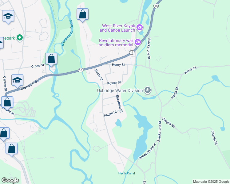 map of restaurants, bars, coffee shops, grocery stores, and more near 13 Elizabeth Street in Uxbridge