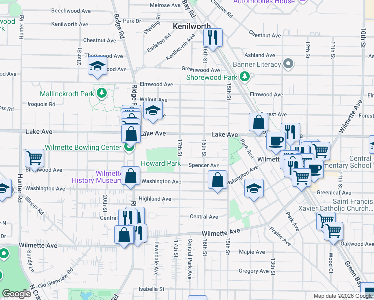 map of restaurants, bars, coffee shops, grocery stores, and more near 830 17th Street in Wilmette
