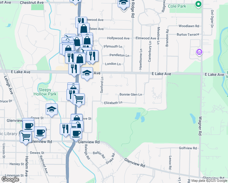 map of restaurants, bars, coffee shops, grocery stores, and more near 1340 Bonnie Glen Lane in Glenview